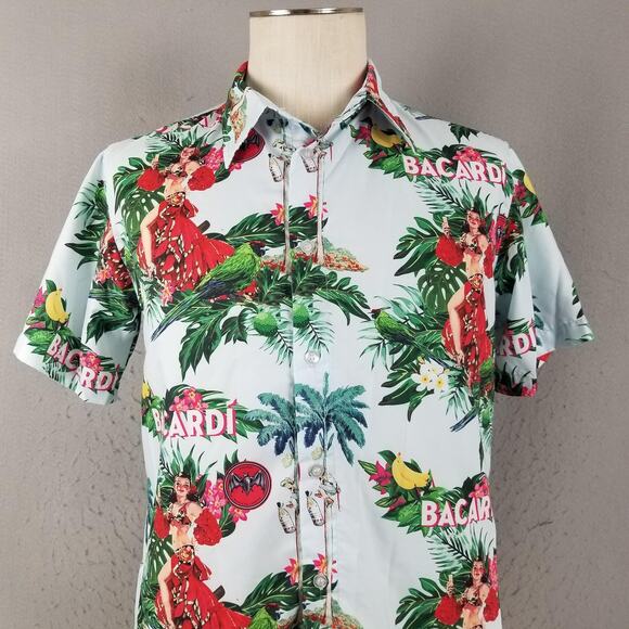 Bacardi Shirt Mens Extra Small XS Hawaiian Button Up Parrot Rum Tropical - Picture 2 of 12